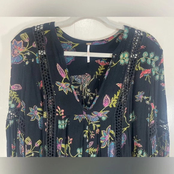 Free People Just The Two Of Us Black Floral Peasant Tunic Dress Top Women’s XS - Picture 4 of 15
